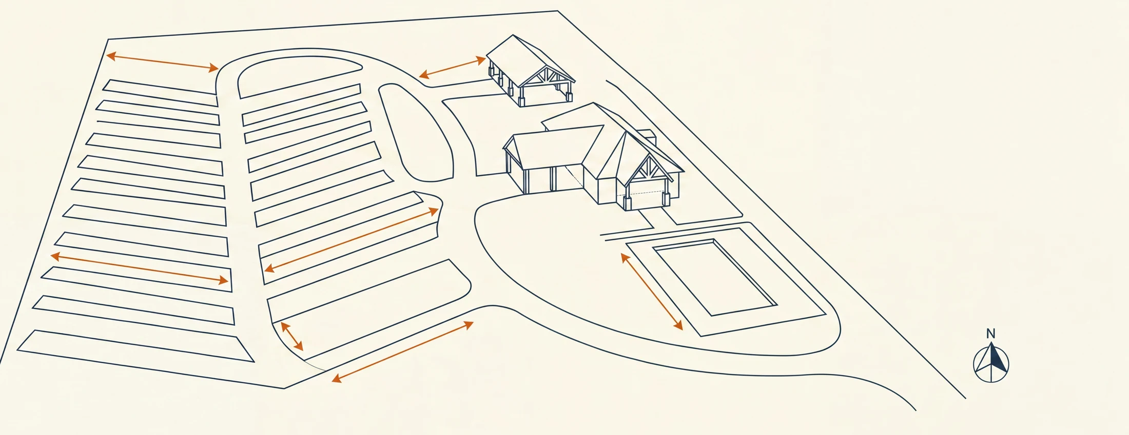Measured plan of the park showing angled pull-through and back-in pads along the loop road