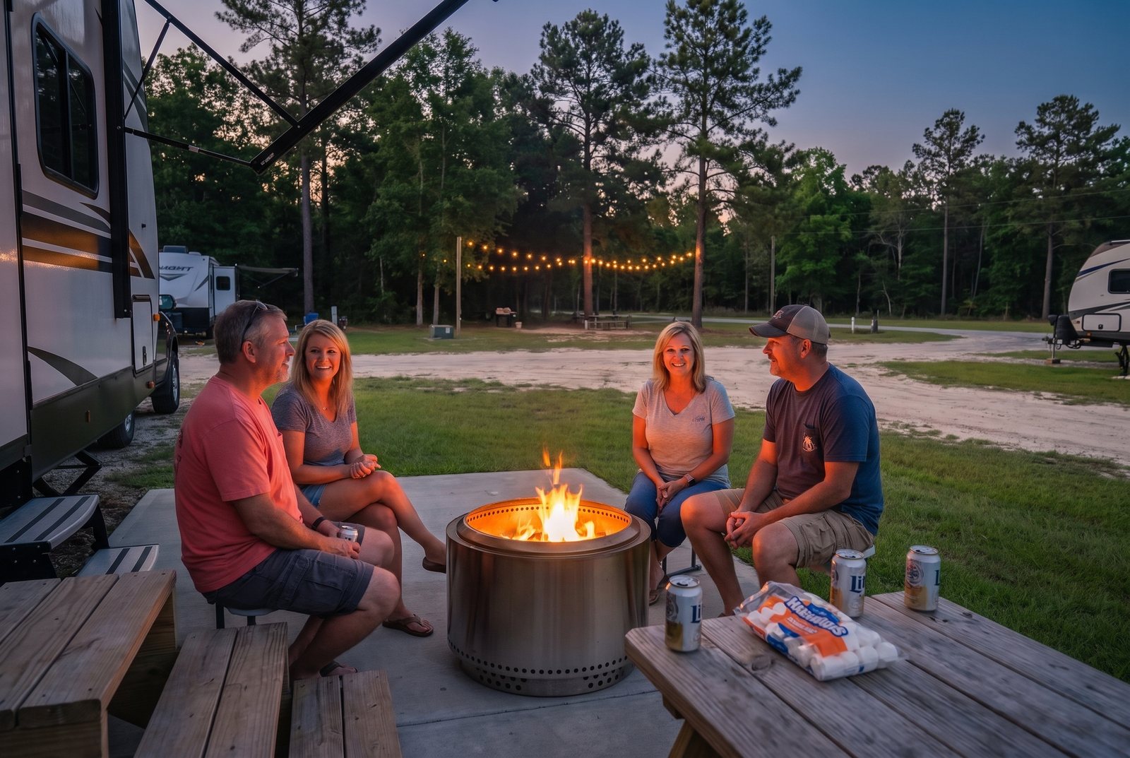 Guests around the fire bowl at dusk