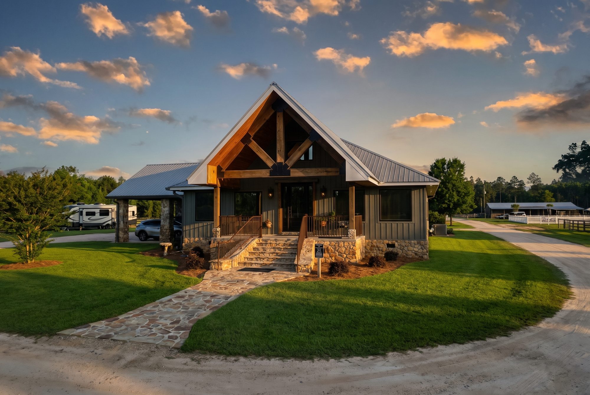 The timber-framed lodge at golden hour