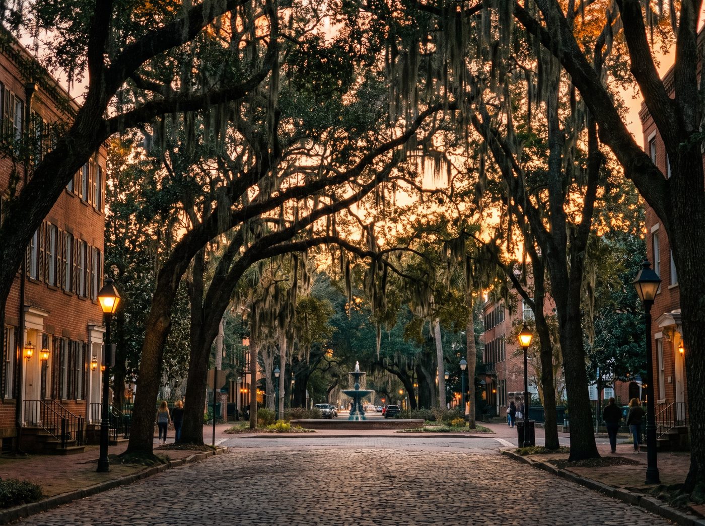 A moss-draped square in Savannah historic district