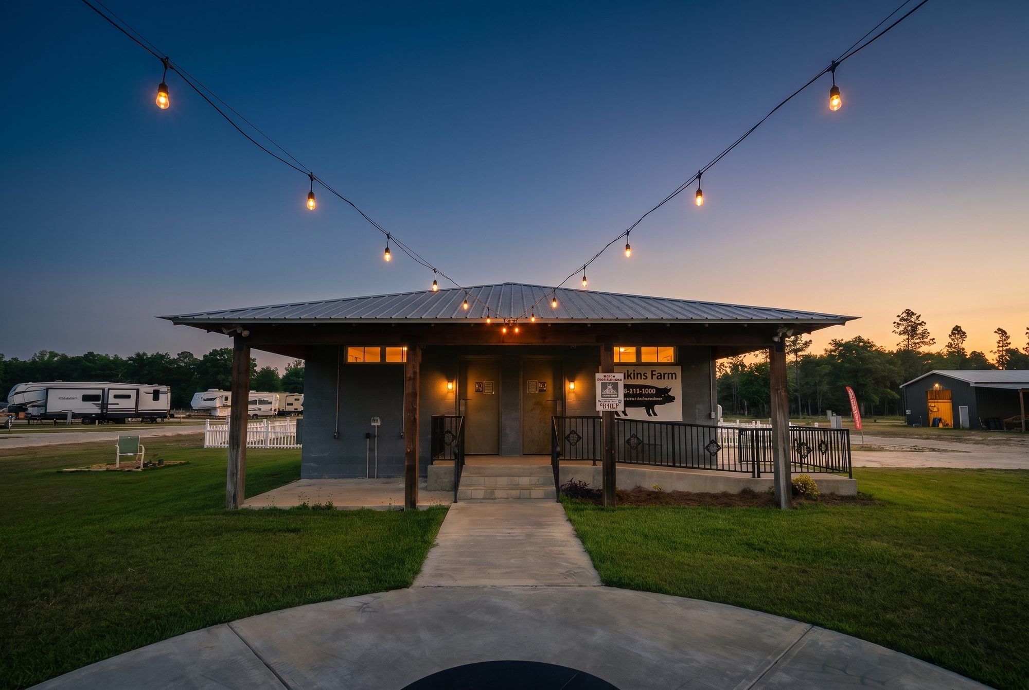 The bathhouse under glowing string lights at dusk