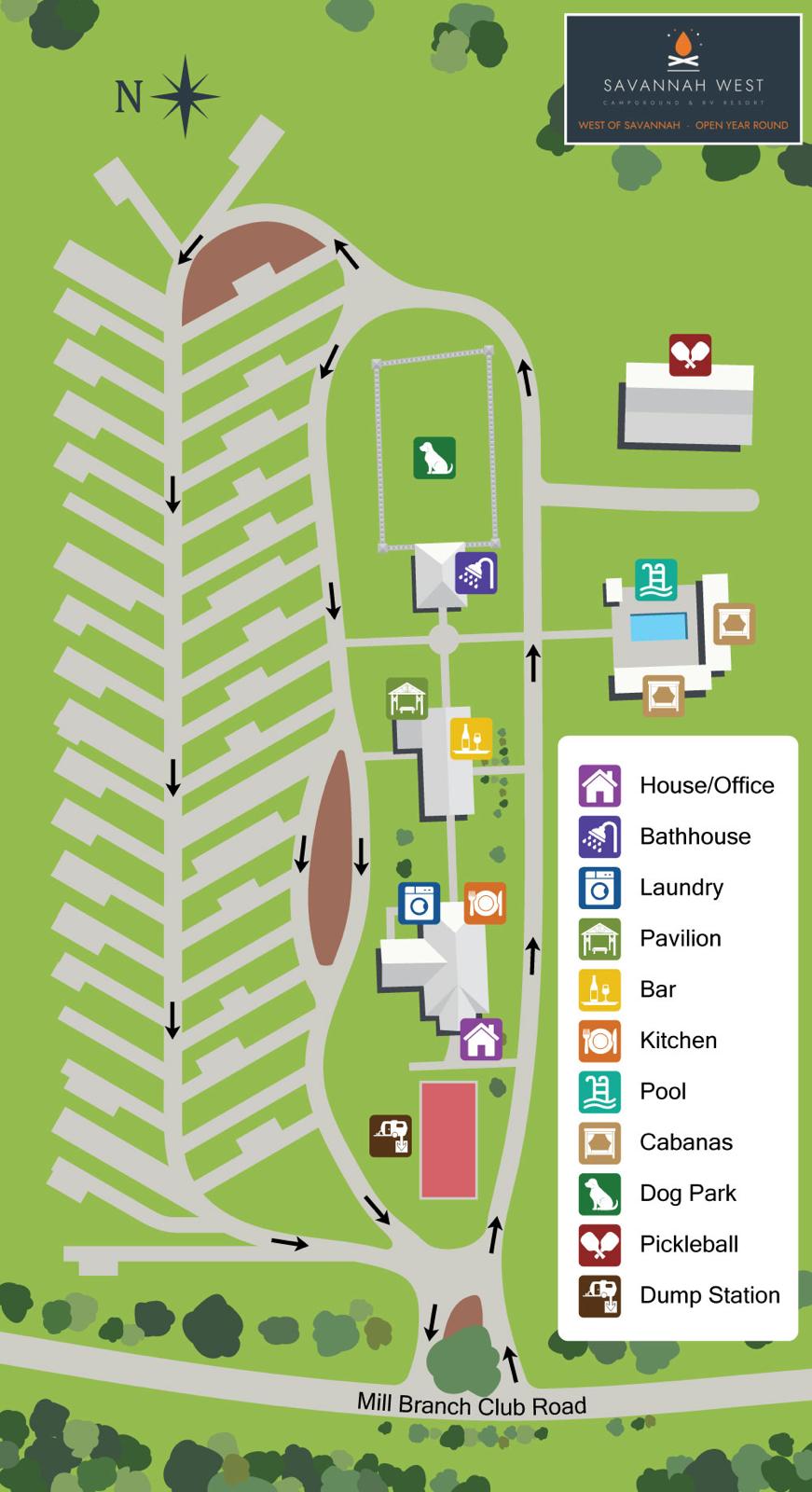 Savannah West park map showing pull-through and back-in pads along the loop road, with the pool and cabanas, bathhouse, laundry, pavilion with TVs, dog park, playground, indoor pickleball, game room, beach sand area, dump station and office marked