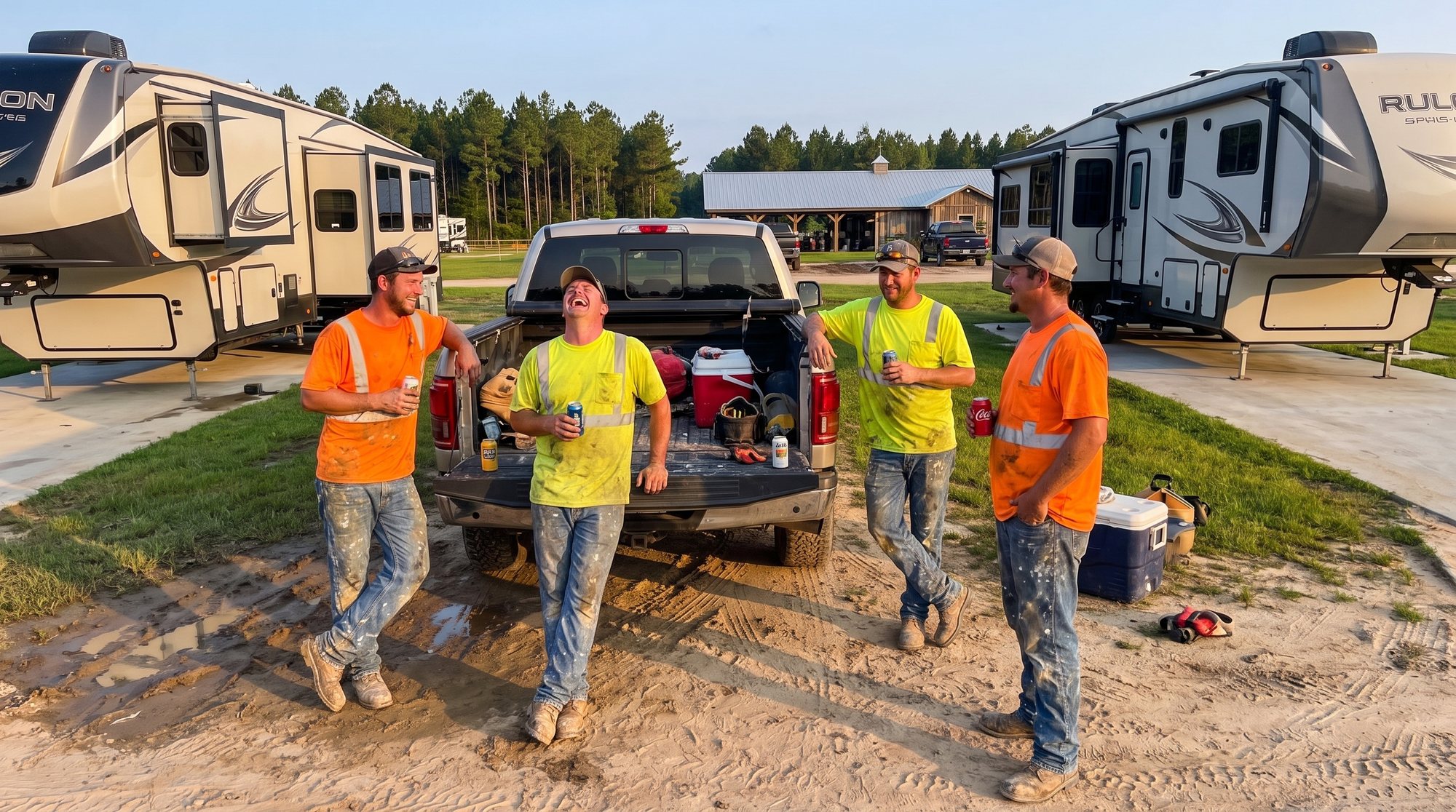 A crew winding down by their rigs