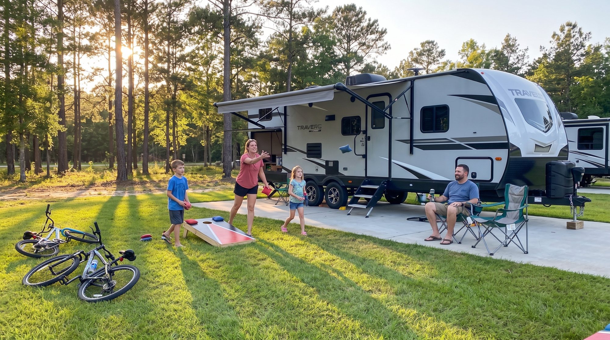 A family playing games on the grass beside their trailer at golden hour