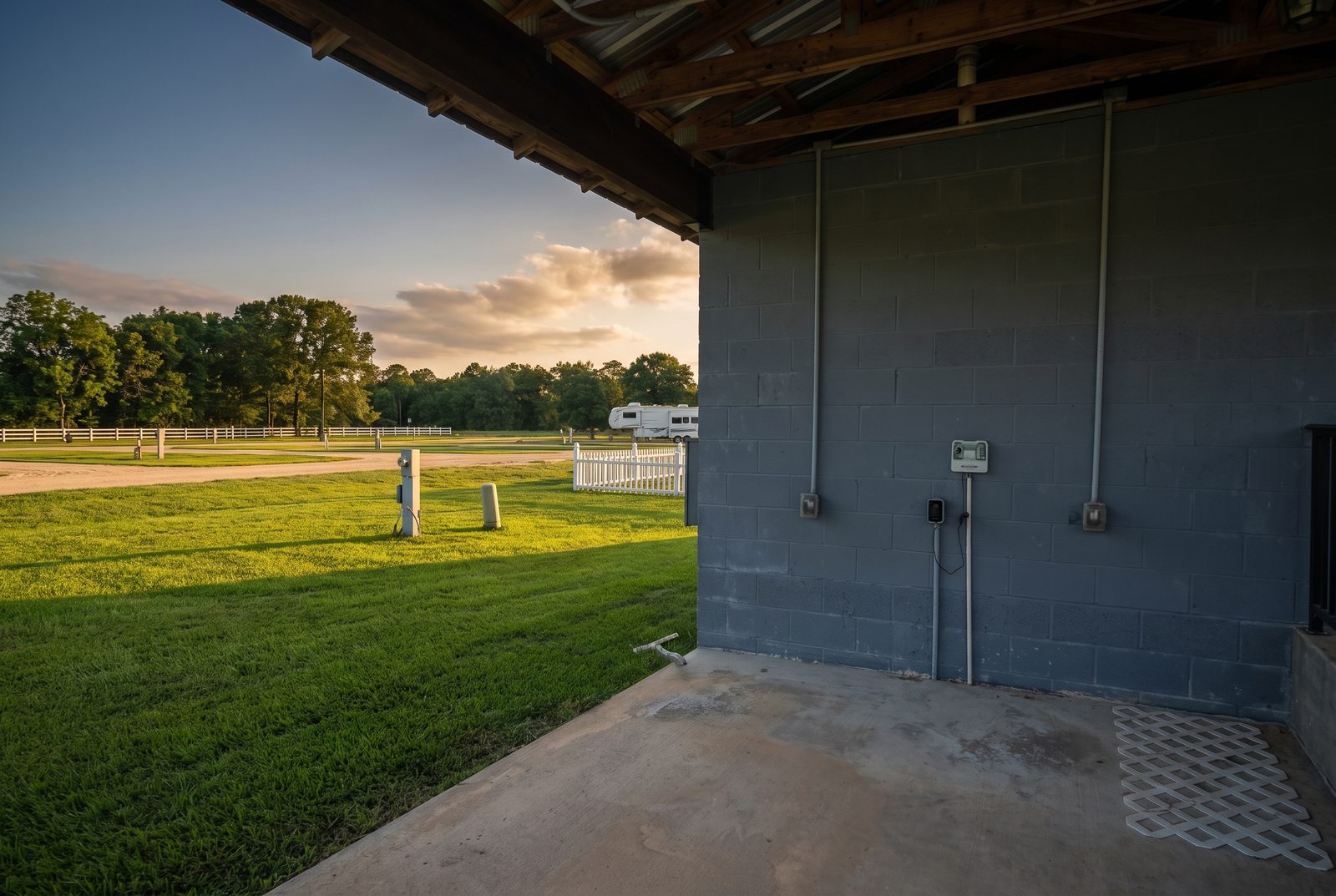 Power, water and sewer connections at a concrete pad