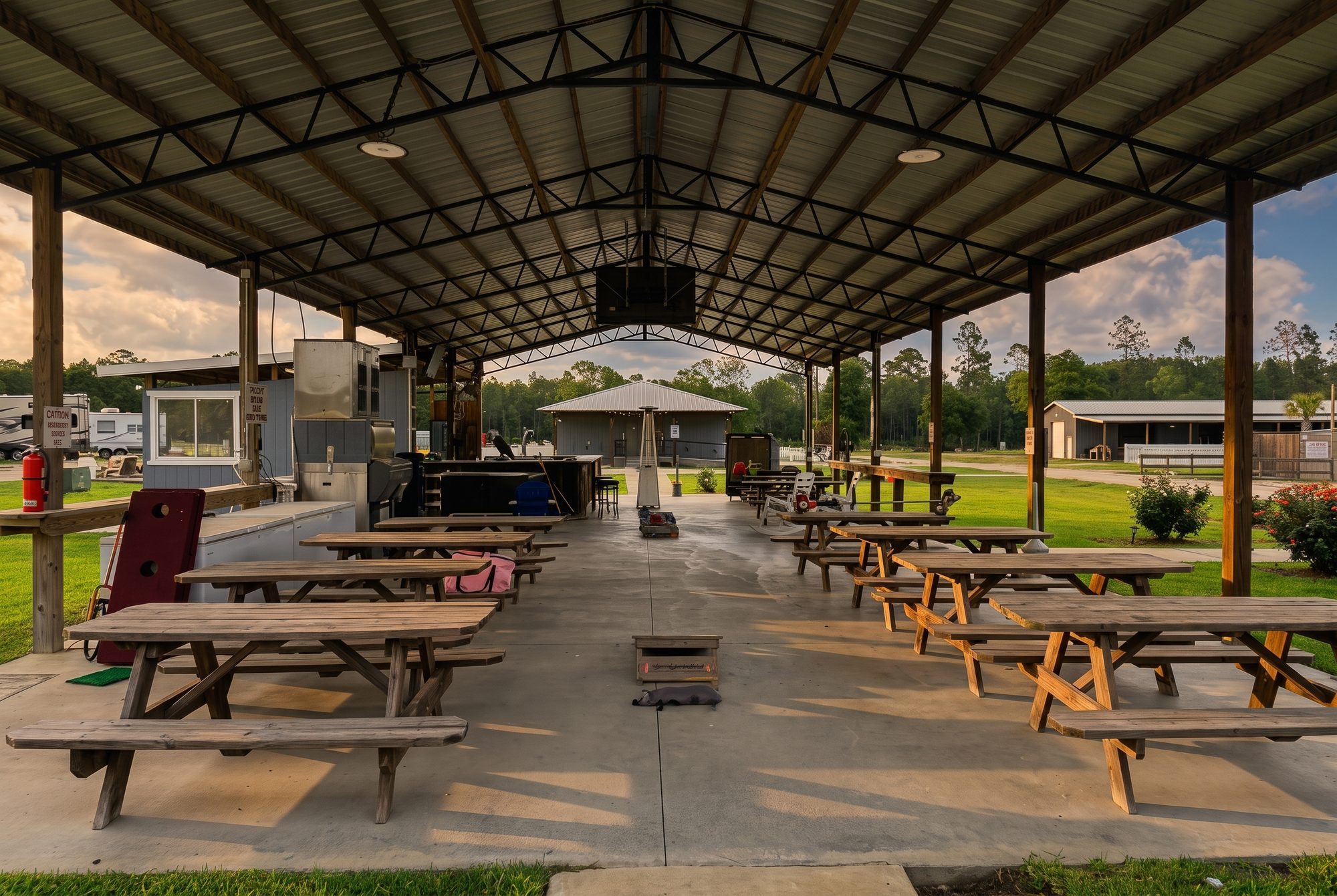 Picnic tables under the big pavilion roof