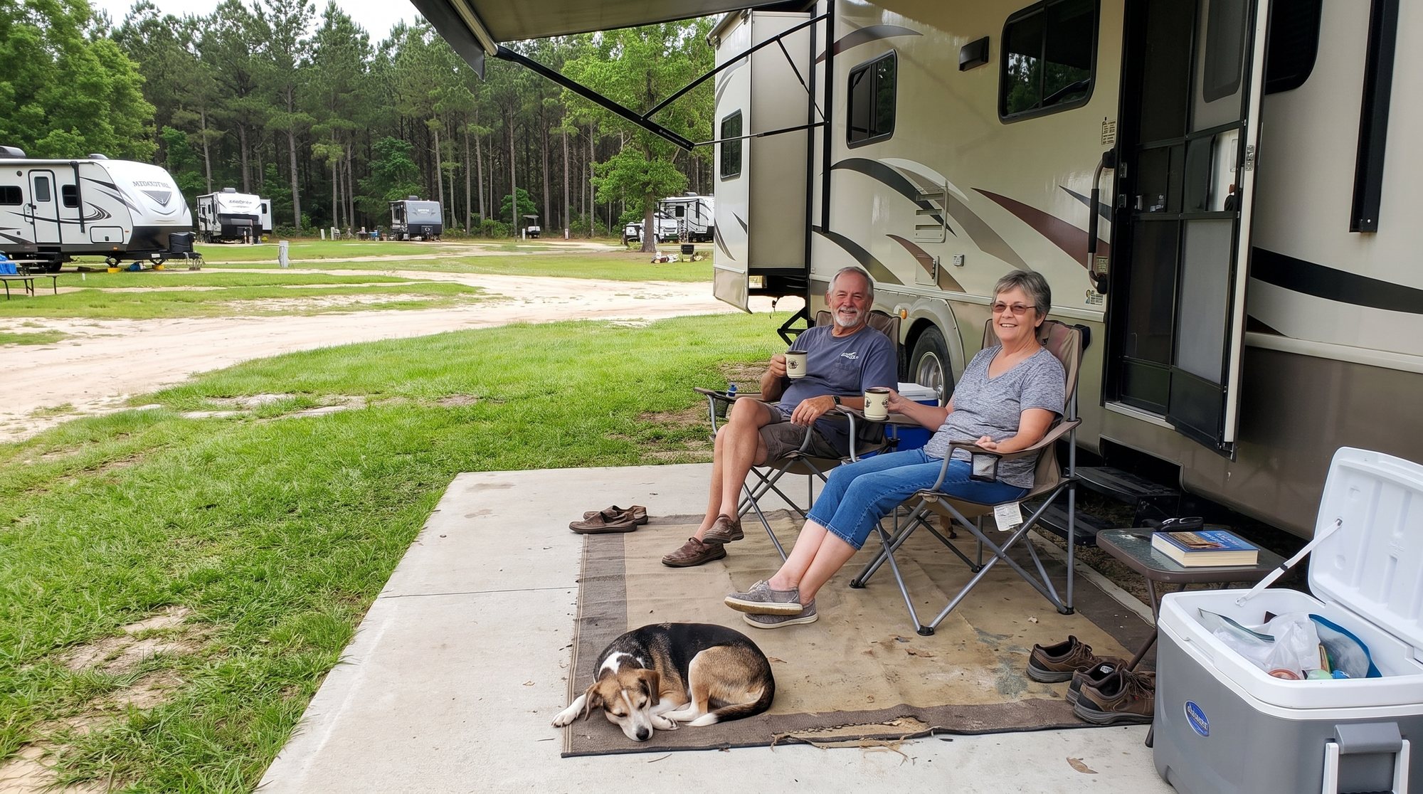A couple enjoying morning coffee under their motorhome awning
